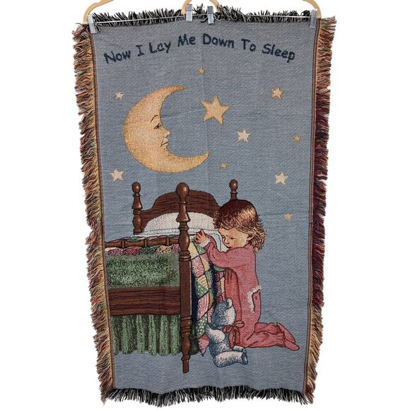 Vintage Now I Lay Me Down To Sleep Nursery Crib Baby Kid Woven Throw Blanket - Picture 1 of 6
